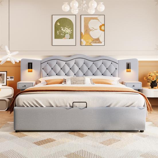 180x200cm Flat Bed, Upholstered Bed, Integrated Headboard, Hydraulic Lifting Mechanism, USB Connection, Two Bedside Lamps, Large Storage Space, Grey,
