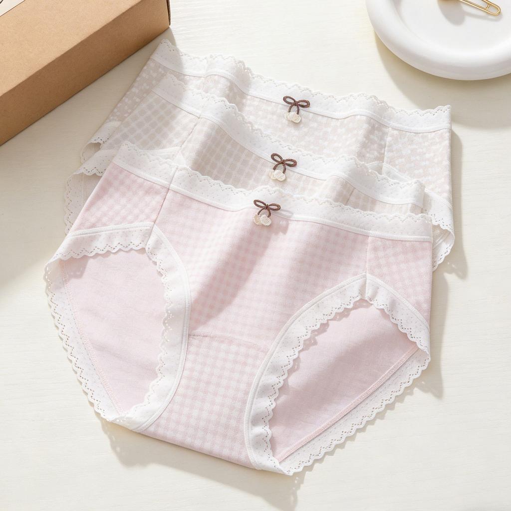 Girls Spring and Summer Cream Lattice Bubble Stripe Sweet No Trace Antibacterial Crotch Waist Triangle Briefs