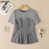 VONDA Women O-Neck Short Sleeve Blouse Casual Patchwork Pleated Peplum Tops