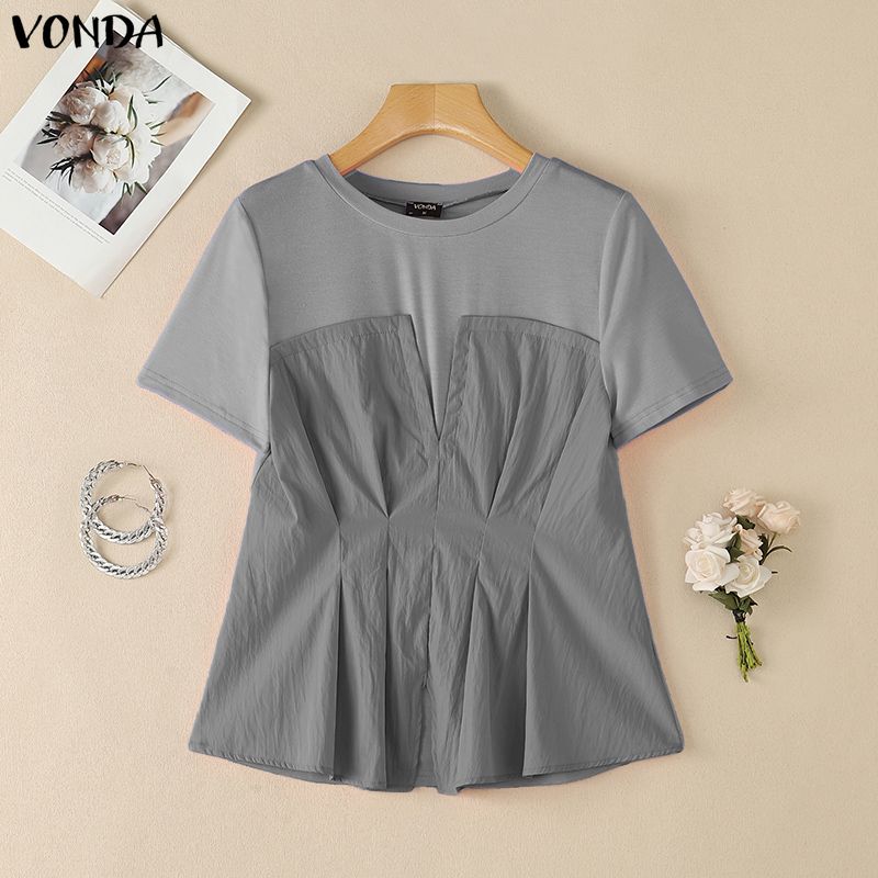 VONDA Women O-Neck Short Sleeve Blouse Casual Patchwork Pleated Peplum Tops