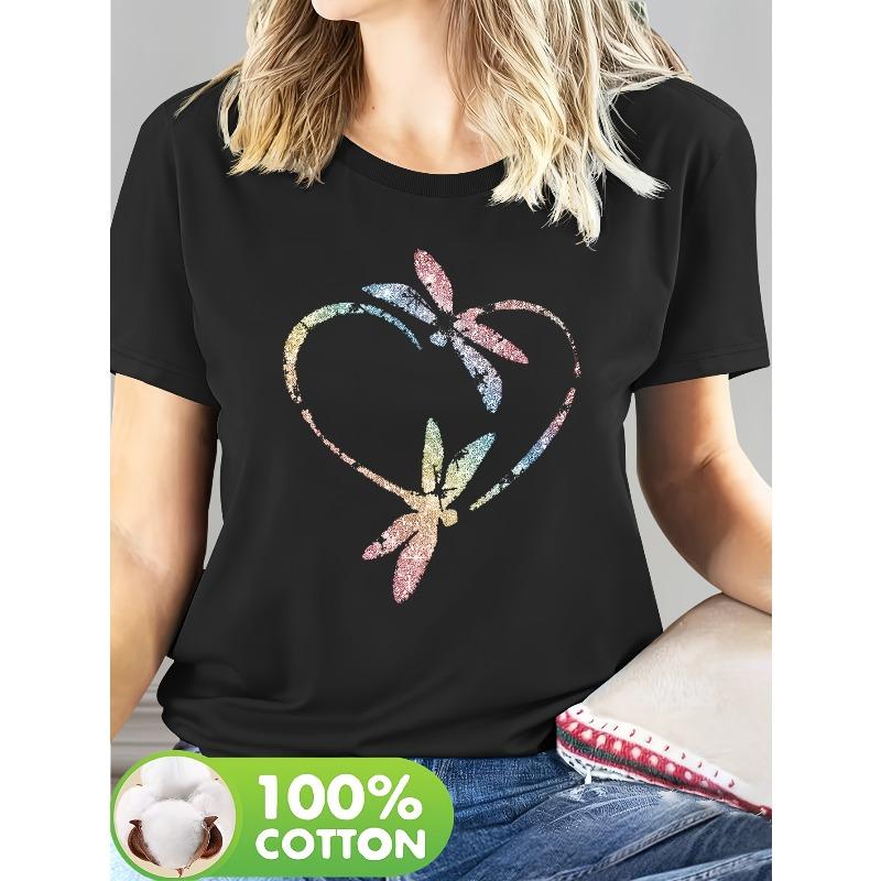 

Women s Dragonfly Print Tee Round Neck Short Sleeve Loose Fit Spring Summer Home Party Casual Everyday Basic Machine Washable Top 4XL чорний