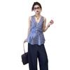 Korean Neck V-neck Sleeveless Sling Vest Women's Summer New Design Waist Temperament Plaid Shirt Top