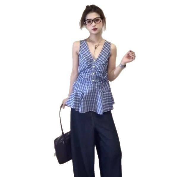 Korean Neck V-neck Sleeveless Sling Vest Women's Summer New Design Waist Temperament Plaid Shirt Top