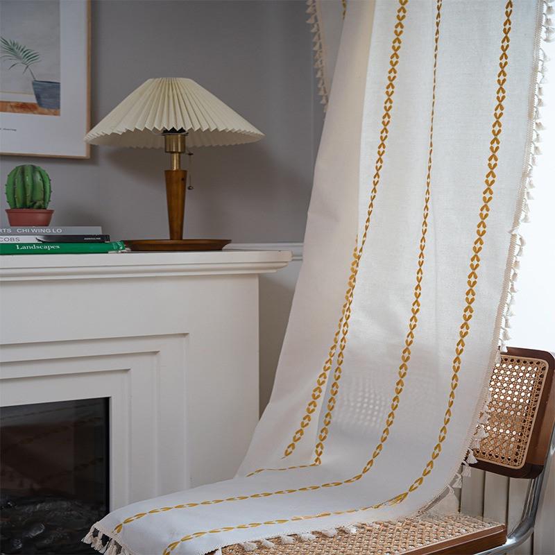 

Льняные шторы с вышивкой в полоску в фермерском стиле для гостиной, кисточки в стиле бохо для спальни, светофильтрующие карманные шторы на штанге W132xL45CM(Top Pocket)