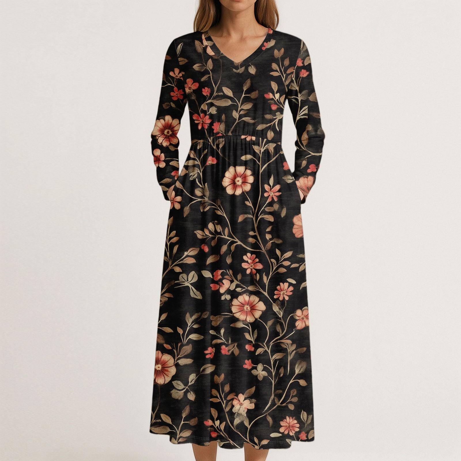 

Платье для женщин длинное бохо пляжное платье элегантное макси-платье V-образный вырез длинный рукав платье с карманами M