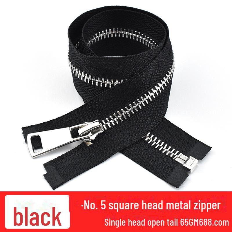 12-100cm Black Metal Copper Zipper No. 5, Double-Ended with Silver Teeth for Leather Jackets