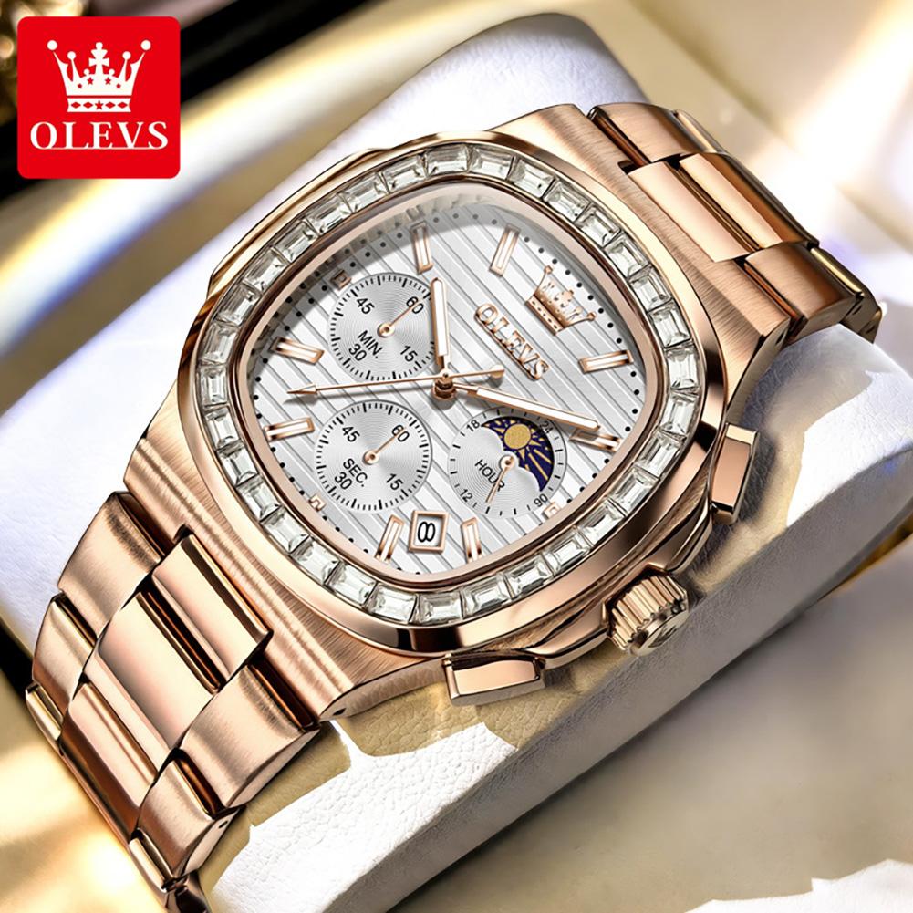 OLEVS New Original Luxury Fashion Square Quartz Watch Men Moon Phase Chronograph Watch Waterproof Luminous Date Watches For Man