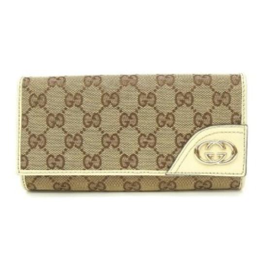 

USED GUCCI GG Beige×White Canvas Leather Trifold Long Wallet коричневий
