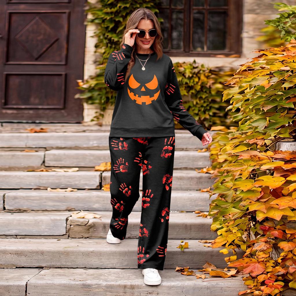 Women's Halloween Print Hoodie and Jogger Pants Set, Round Neck Loose Fit Casual Sweatsuit