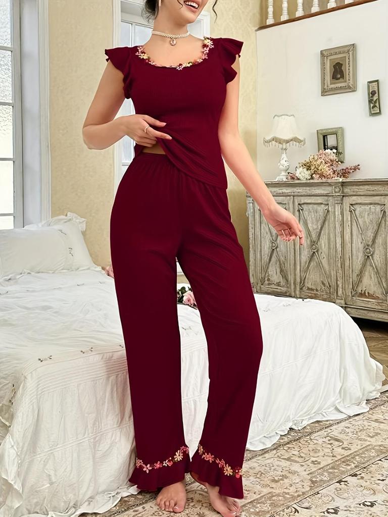Damen Mode Über die Grenze Schlanke Passform Pyjama Set: Kurzarm-Oberteil & Lange Hose