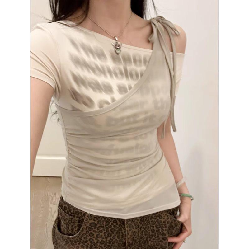 Summer Spicy Girl One-Shoulder Patchwork Short-Sleeve T-shirt with Slit Irregular Design