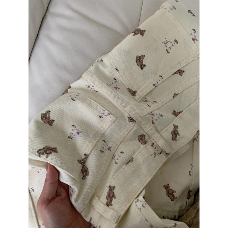 High Street cartoon bear floral jeans women's new straight loose drape floor wide-leg pants
