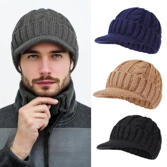 Short Brim Knitted Hat for Men Winter Warm Fleece Lined Thick Cable Knit Cuff Hat Soft Slouchy Skull Cap for Outdoors