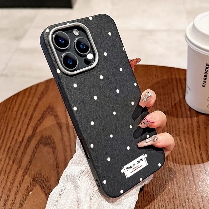 Simple White Dots Leather Phone Frosted Case for iPhone 17 Air 16 E 15 14 Plus 13 12 11 Pro Max XS Max Lens Protection Cover