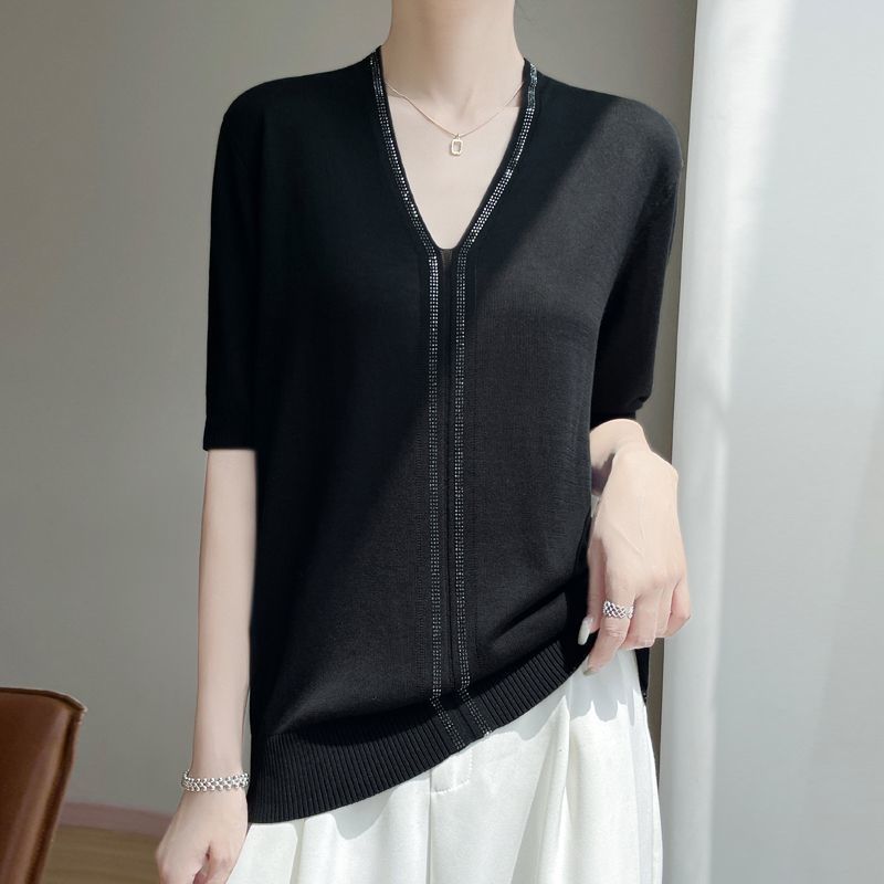 Summer Women's Silk Knit Sweater Short Sleeve V-neck Diamond Knitted Sweater Loose Knit  T Shirt Top