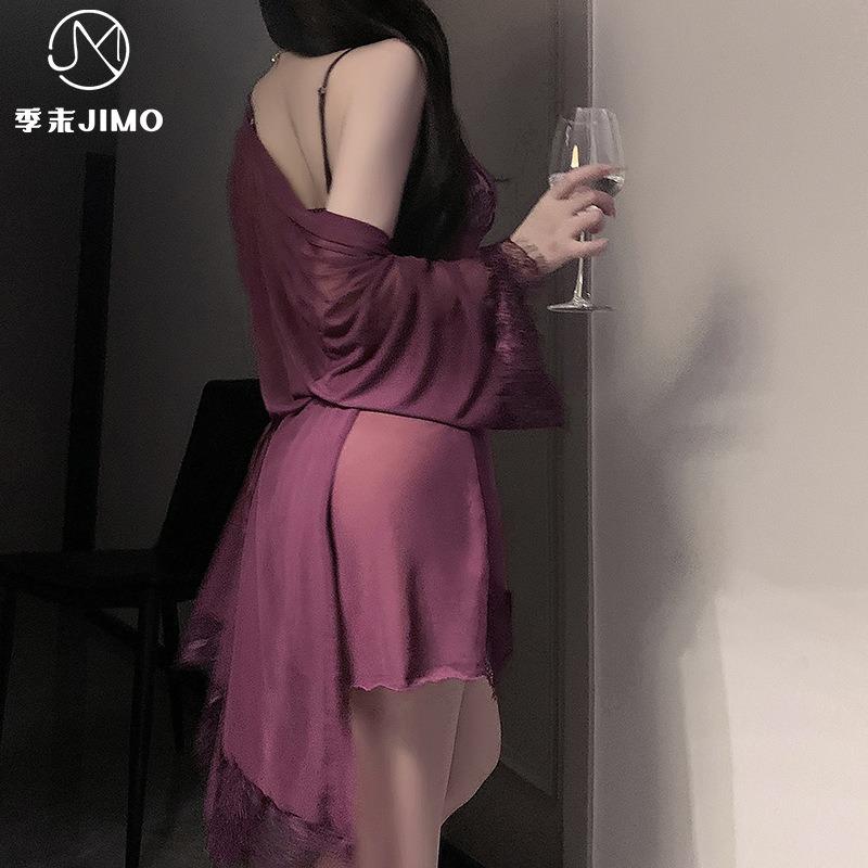 Sexy lingerie sexy female lace suspender mesh seduction dream purple bathrobe set