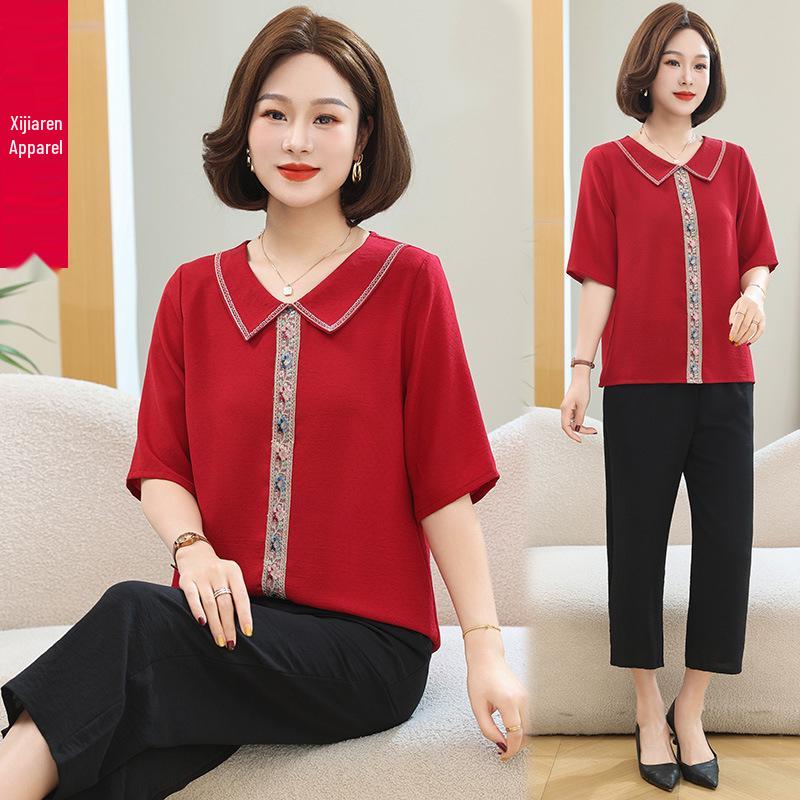 Elegant Summer Lapel T-shirt: Stylish Chinese Design for Middle-Aged & Elderly Women