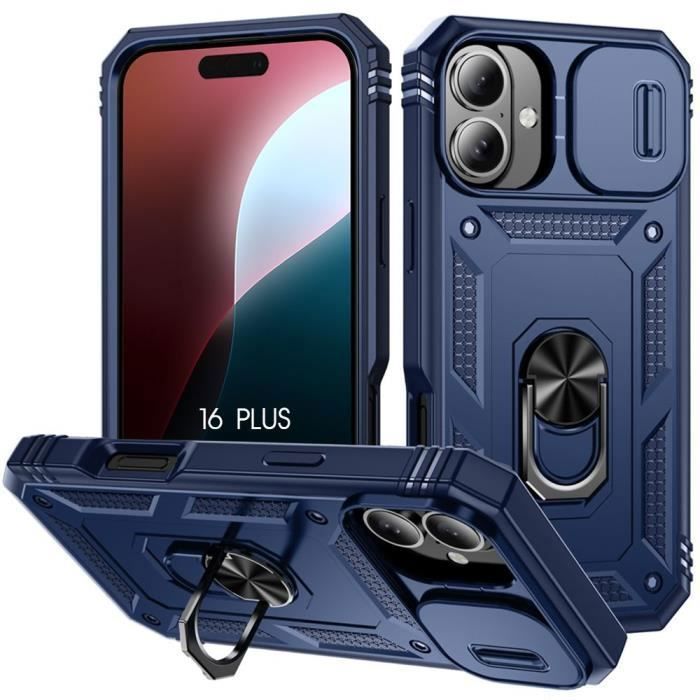Coque de protection pour iPhone 16 Plus - BOOLING - Rigide - Antichoc - Bleu Marine - Support d'anneau rotatif