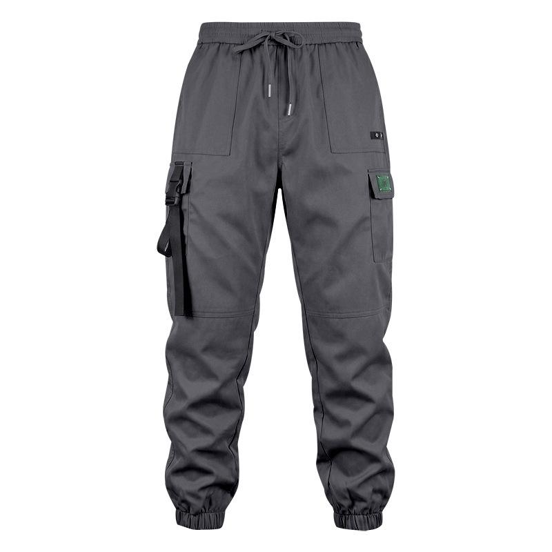 Men Drawstring Elastic Waist Jogger Cargo Pants, Multi Pockets Ribbon Decor Tapered Ankle Cuffs Casual Streetwear Utility Trousers Outdoor Daily Wear