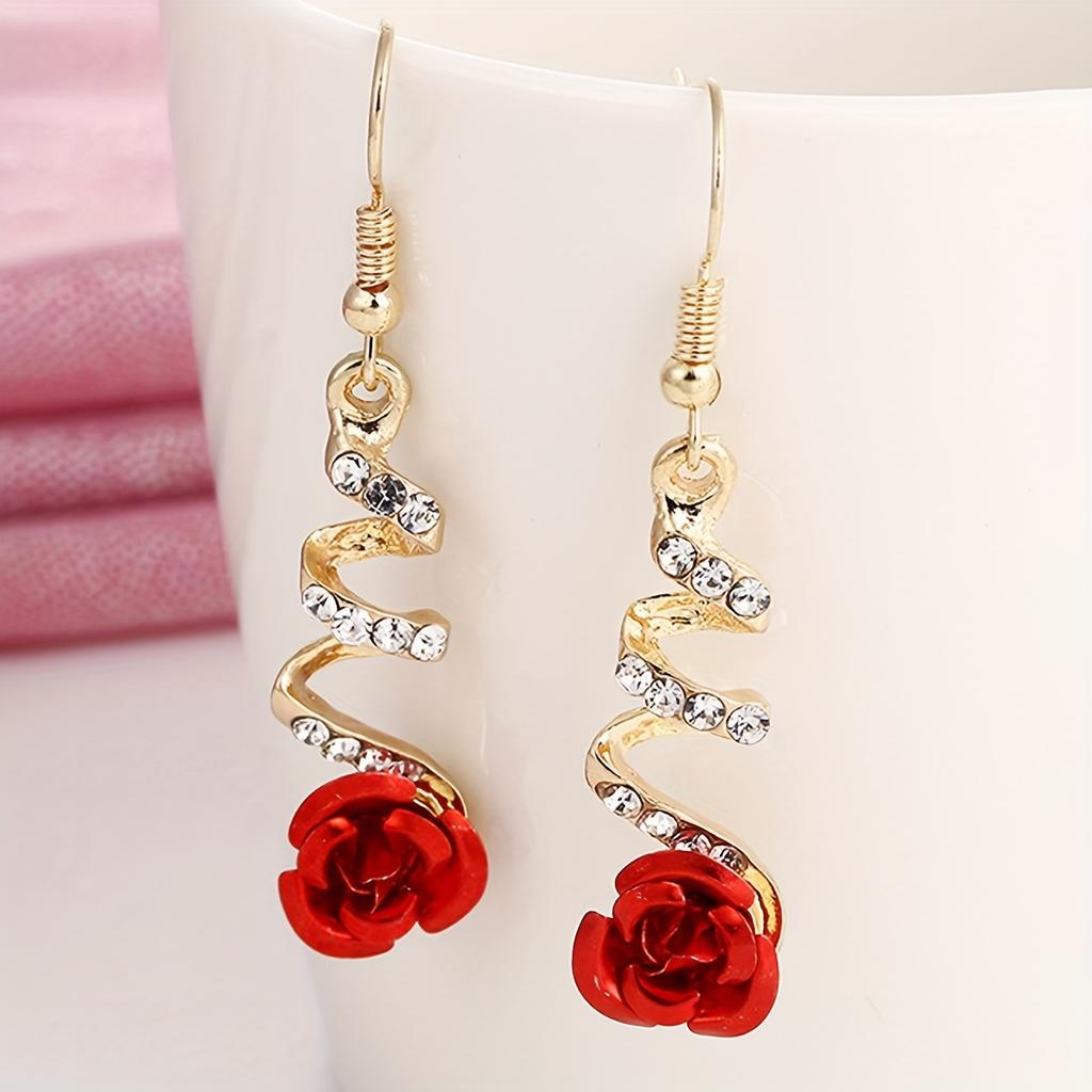 Red Rose Earrings for Women, Golden-Tone Metal Dangle Jewelry Elegant Daily Wear Party Gift