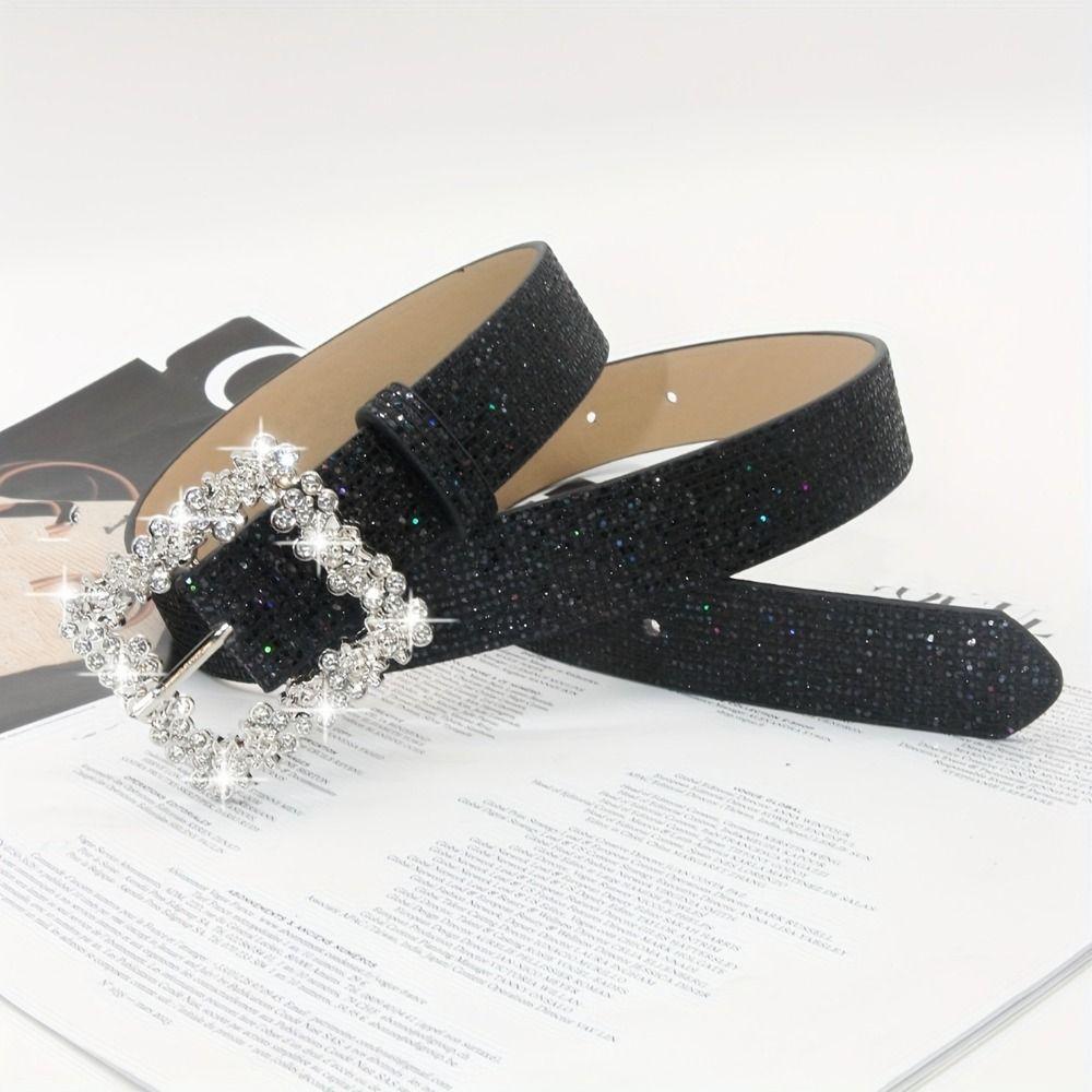 Vintage Bling Bling Sparkling Rhinestone Belt Glitter Luxury Brand Design PU Leather Belt Versatile Trendy Waistband Women