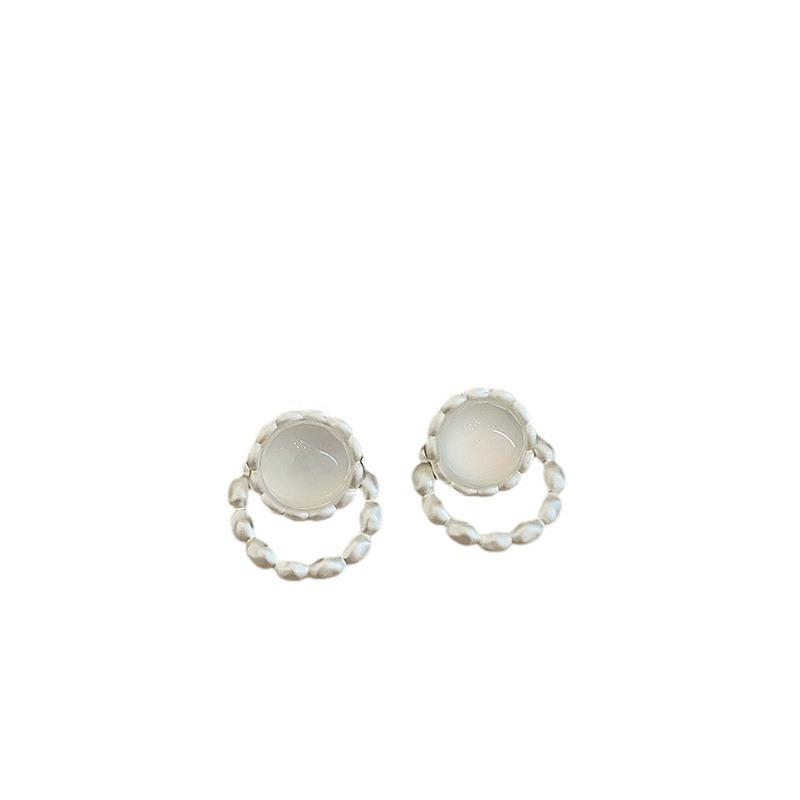 Light Luxury Round Opal Double-Layer Stud Earrings Women'S French Retro Elegant Fashion Unique Personality Versatile Earrings