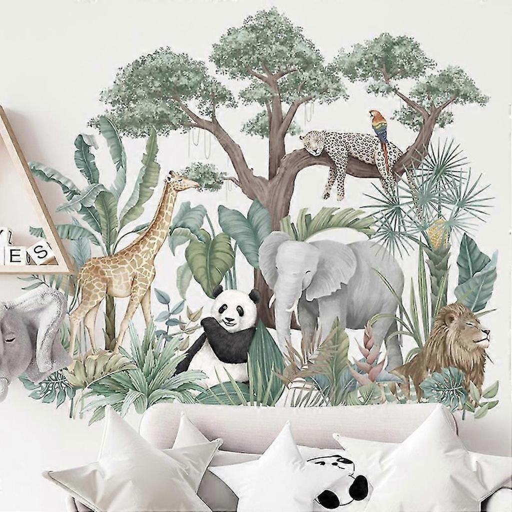 Animals Plants Wall Stickers,Cartoon Elephant Giraffe Plant Wallpaper Decor for Kids Bedroom Decor