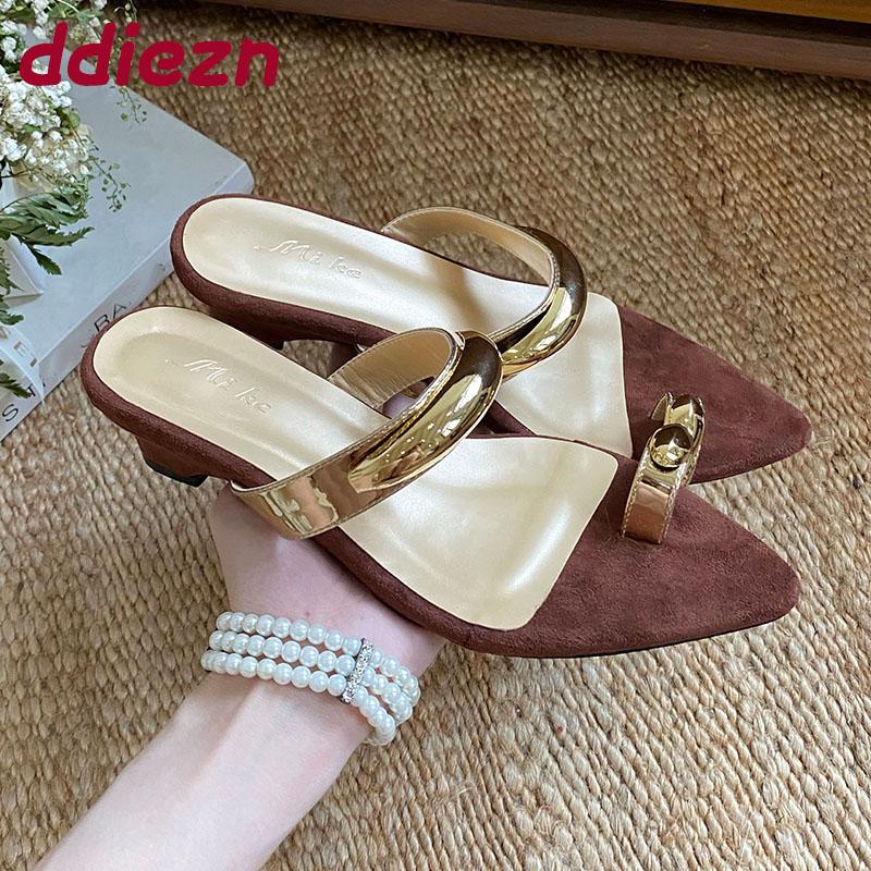 Fashion Fashion Metal Women Low Heel Slippers Shoes Shallow Female Slides Pointed Toe Ladies Heeled Slippers Shoes Sandals Flip flops