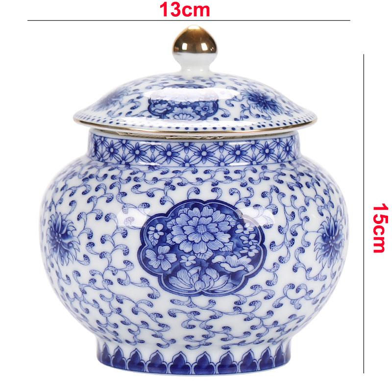 Antikk Blå og Hvit Porselen Oppbevaringskrukkelokk Gullbelagt Oppbevaringsbeholder Husholdning Stor Kapasitet Forseglet Keramisk Tebeholder