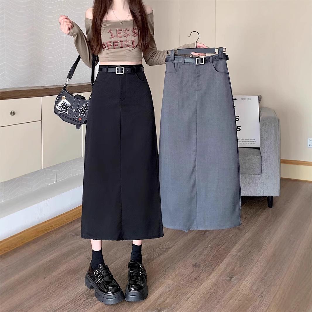 

Plus Size Gray Preppy A-Line High Waist Mid-Length Skirt for Women L (105-118 Jin)