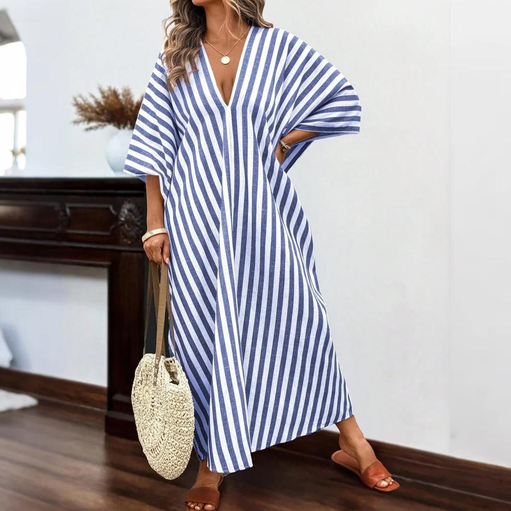 Women's Fashionable Loose Casual V-neck Striped Long Resort Dress