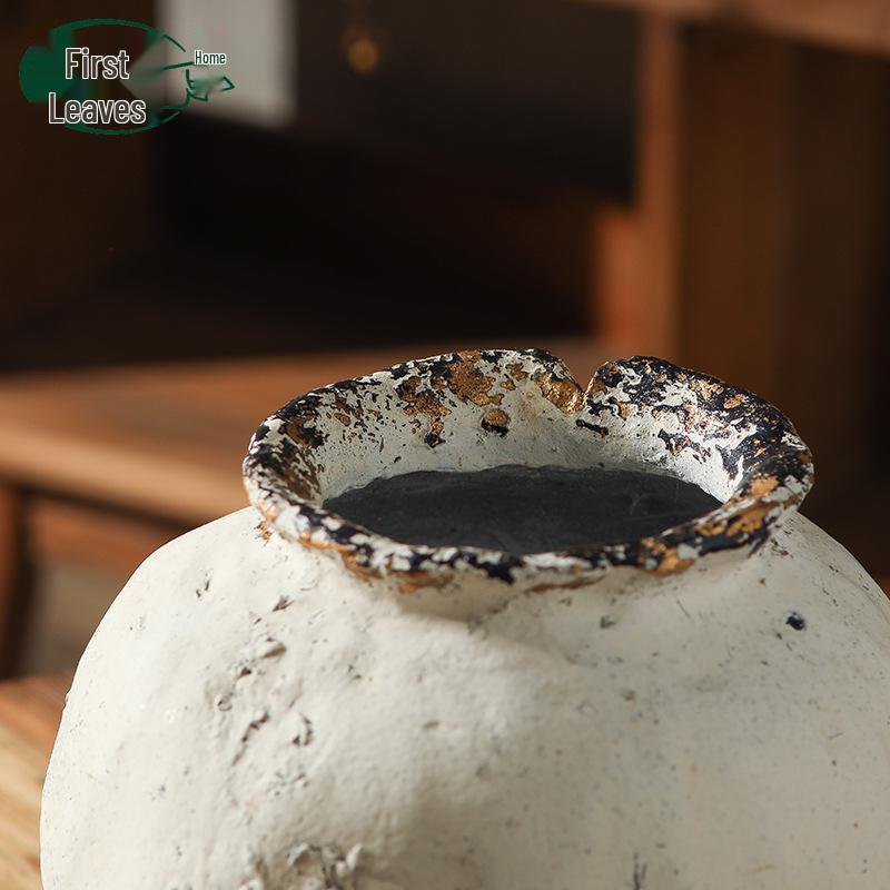 Rustic White Distressed Zen Pottery Jar for Dried Flowers - Chinese Style Vase Ornament for Home or Hotel Decor