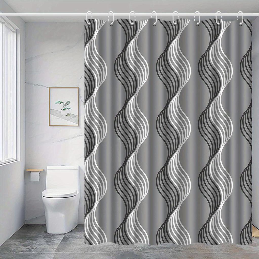 Abstrakte Wellenlinien Duschvorhang Grau und Weiß Geometrisches Design Wasserdicht Bad Dekor Elegante Zeitgenössische Badezimmer Vorhänge