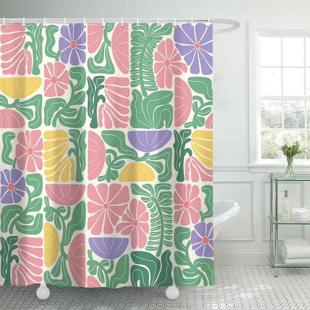 Retro Kwiat Roślina Geometryczna Estetyka Zasłona Prysznicowa Dekoracja Łazienki Abstrakcyjna Kolorowa Kwiatowa Zasłona Prysznicowa 180x180cm