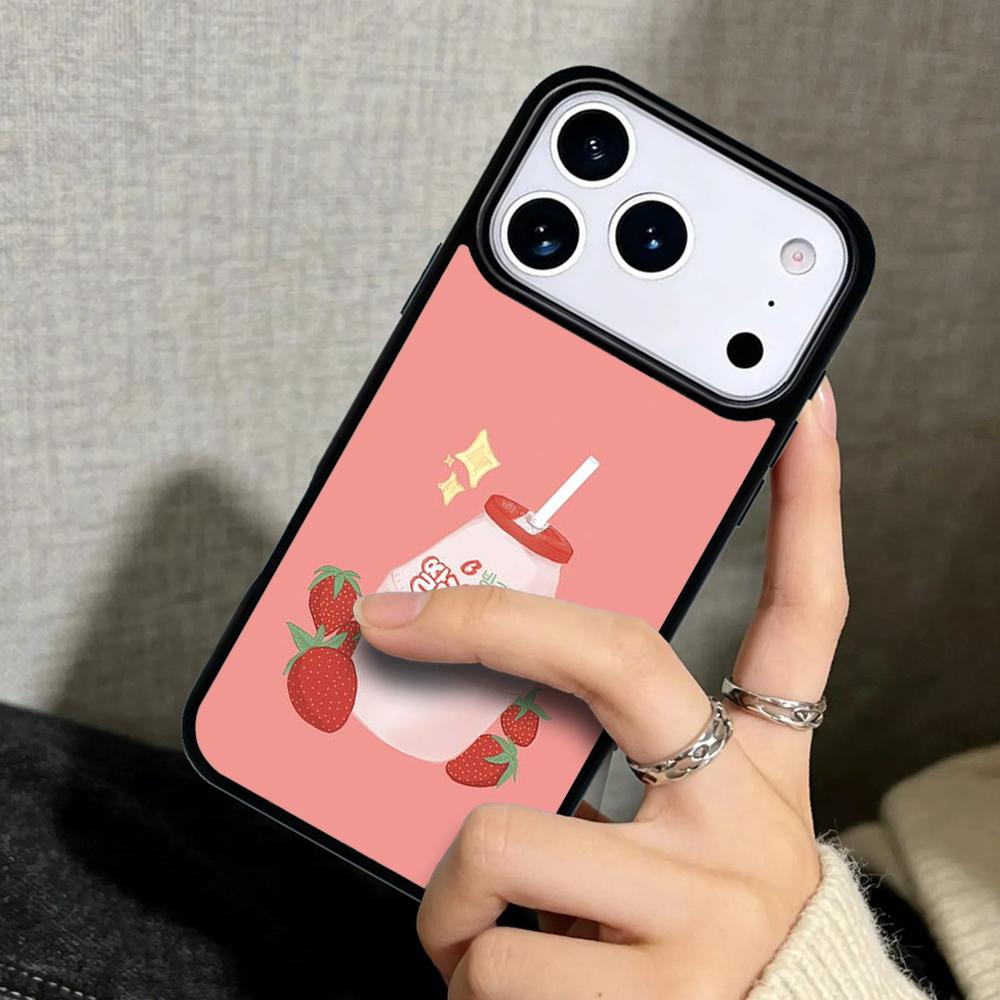 Capa Case for iPhone 17 Air 16 Pro Max 15 Plus 11 13 Mini 14 12 Back Phone Cover Kawaii Strawberry Milk