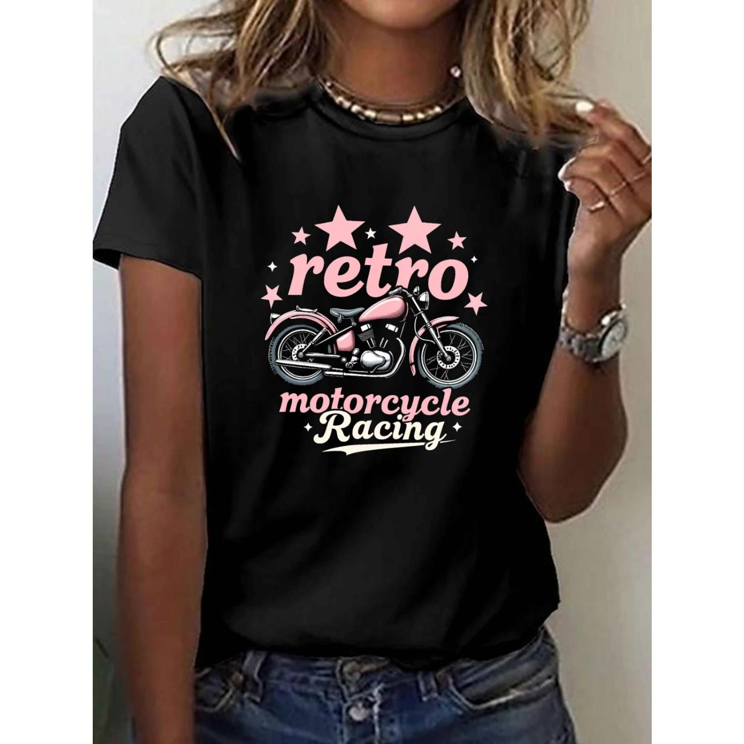 

Pink Vintage Motorcycle with Retro Print T-Shirt Short Sleeve Crew Neck Casual Top for Summer Spring Women Clothing S чёрный