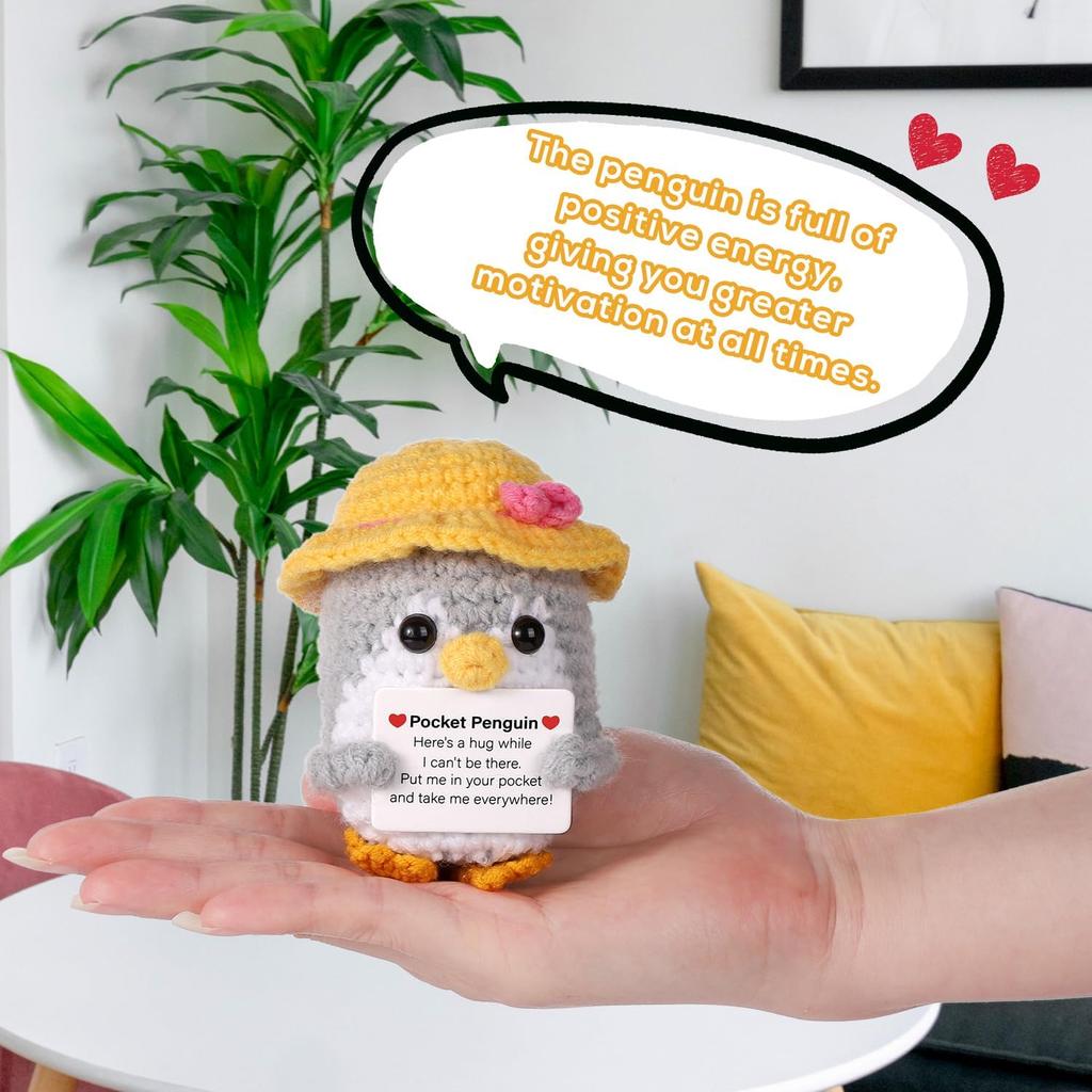 Funny Hug Pocket Penguin Dolls with Card Cute Wool Crochet Emotional Support Penguin Doll with Summer Straw Hat Home Room Decor