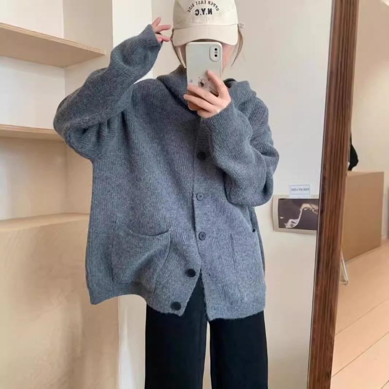 Hooded autumn and winter new single-breasted knitted cardigan fashionable versatile loose casual warm sweater jacket women