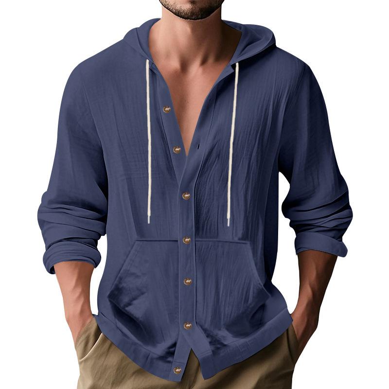 Men s Beige Button Front Hoodie Long Sleeve Casual Drawstring Hooded Jacket M