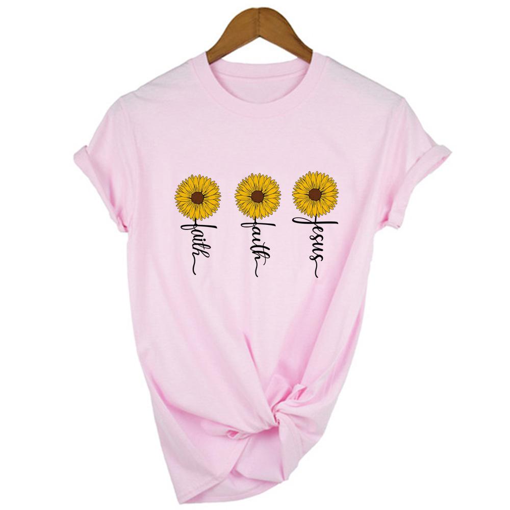 Faith Sunflower Jesus Print Graphic Tees Women Casual Short Sleeve Harajuku Aesthetic Streetwear T Shirt