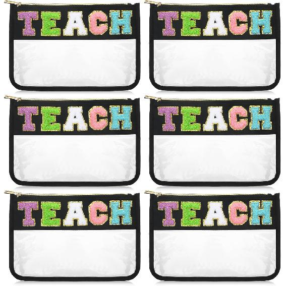 6 Pack Chenille Letter Bags: Preppy Patch Makeup / Toiletry Storage Pouch with Zipper, Clear for Teacher