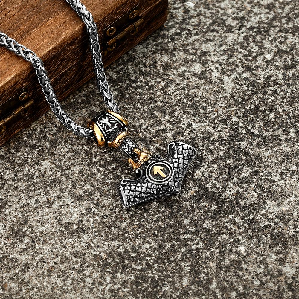 Vikings Crown Thor's Hammer Necklaces Men Stainless Steel Norse Mythology Runes Valknut Pendant Amulet Scandinavian Male Jewelry