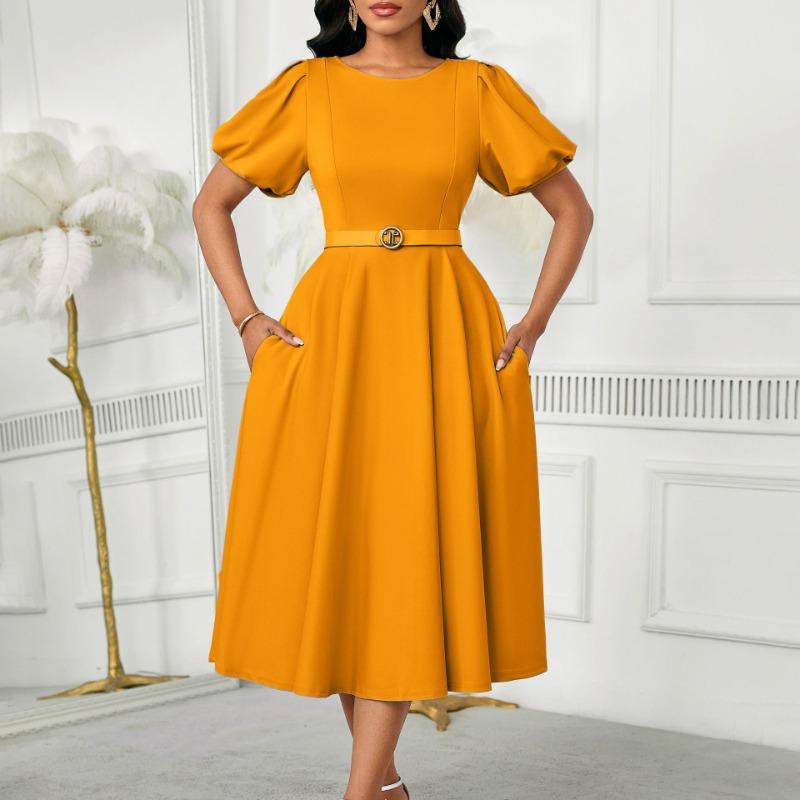 Women's summer fashion bubble sleeves elegant high waist solid color round neck large skirt dress