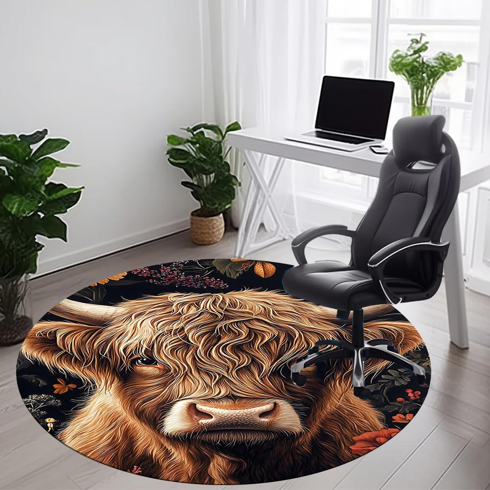 1PC Highland Cow Floral Office Round Area Rug, Indoor Mat Suitable ForOffice, Under Office Chairs Bedroom Living Room Home Decor, Room Deco G015