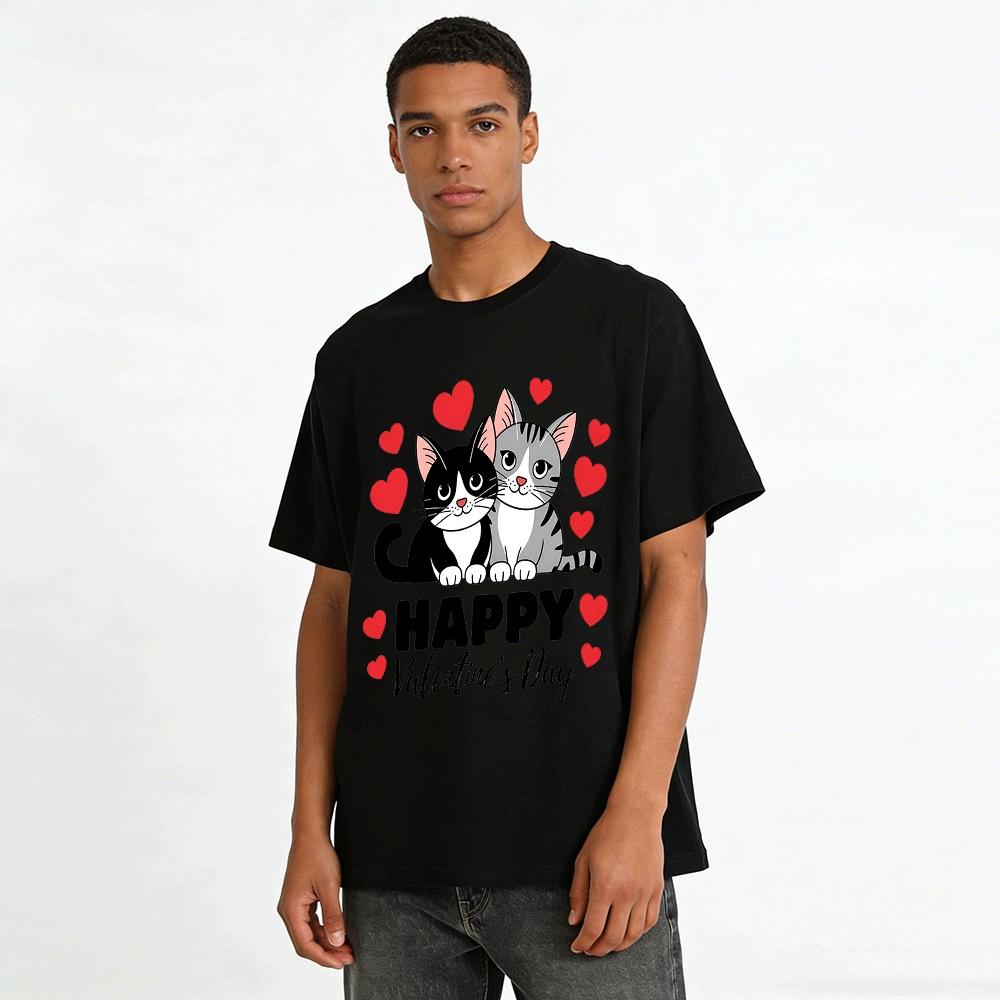 Happy Valentines Day Cute Cats Hearts Print Casual Top Pure cotton T-shirt
