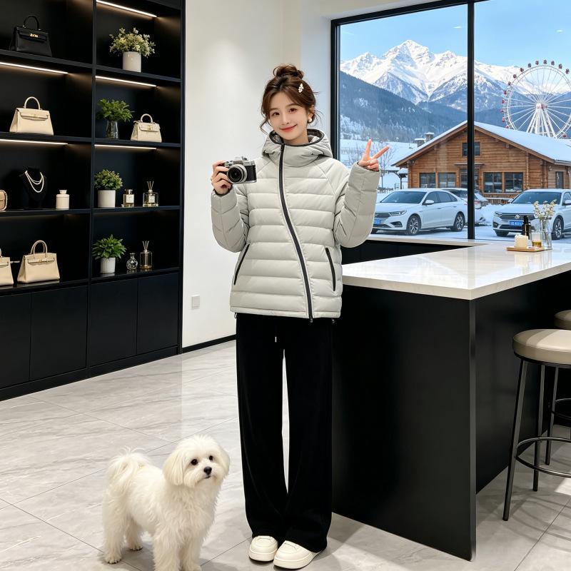 New oblique zipper ribs hooded couple cotton clothes women's fashion loose large size light cotton clothes