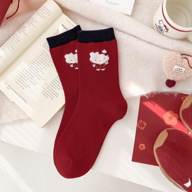 Mouth Relief Cat Big Red Contrast Medium Socks Encore Red Socks Women Flocked Pile Socks Cartoon Bubble New Year One size fits all