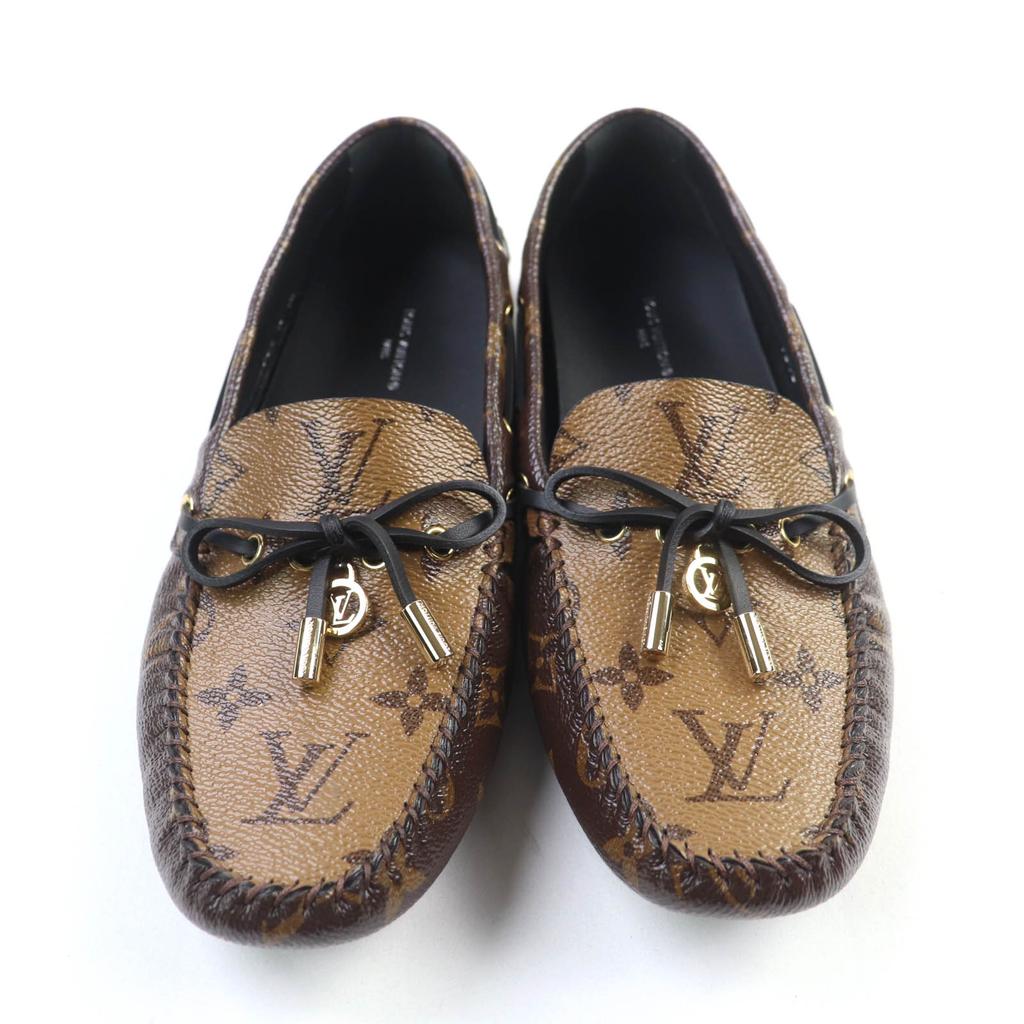 Excellent LOUIS VUITTON Driving Shoes Gloria Lyne Brown Leather Women 38.5 Used