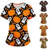 Blusa de manga corta con cuello en V y estampado de Halloween para mujer, uniforme de trabajo, blusa con bolsillo