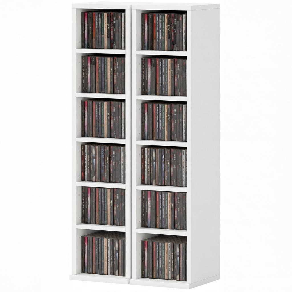 CD/DVD Storage Column Shelves, Set of 2, 12 Compartments, 204 CDs, 21 x 22.5 x 88.5 cm, White